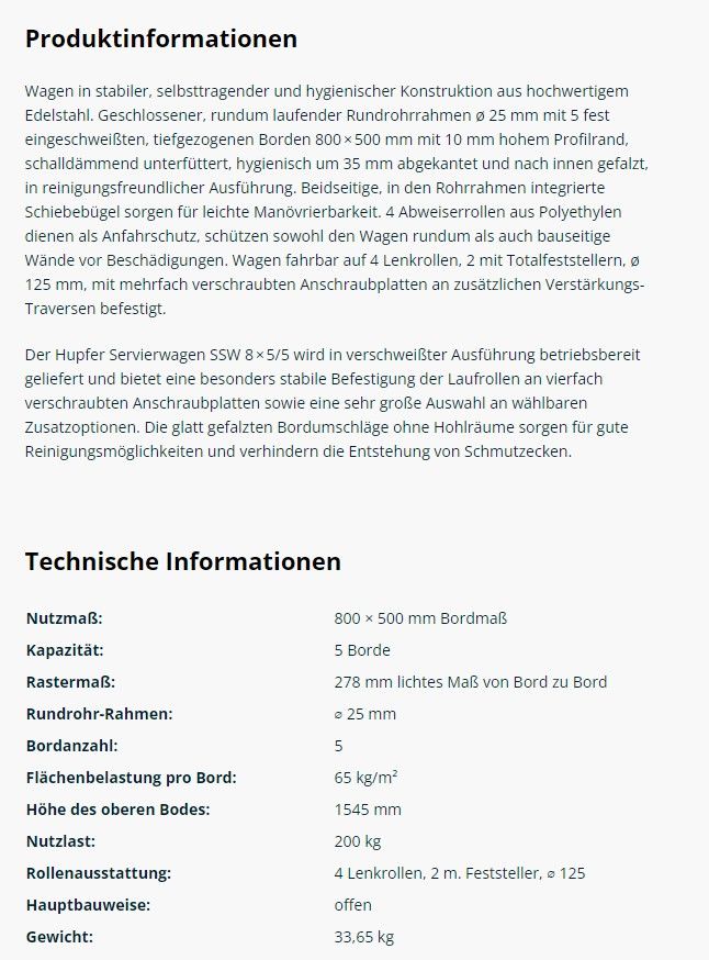 Edelstahl-Servierwagen mit 5 Borde 800x500 mm.