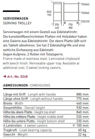 Servierwagen mit 3 Borden in Buche 775x460 mm