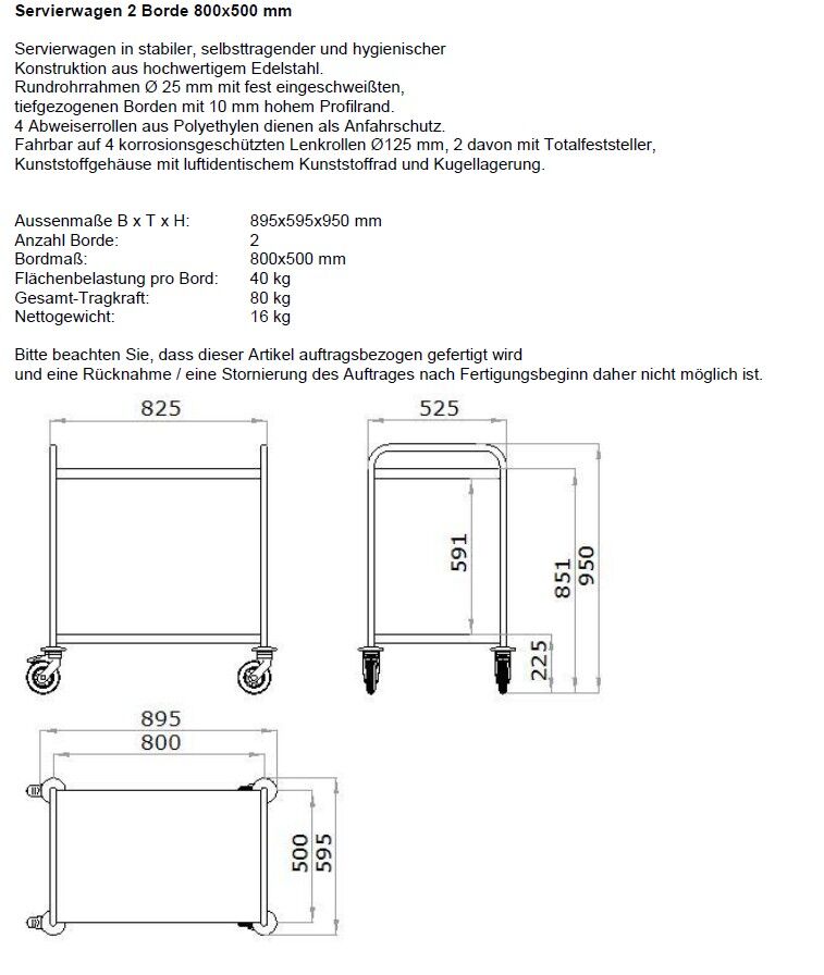Edelstahl-Servierwagen mit 2 Borden 800x500 mm und mit luftidentischer Bereifung 
