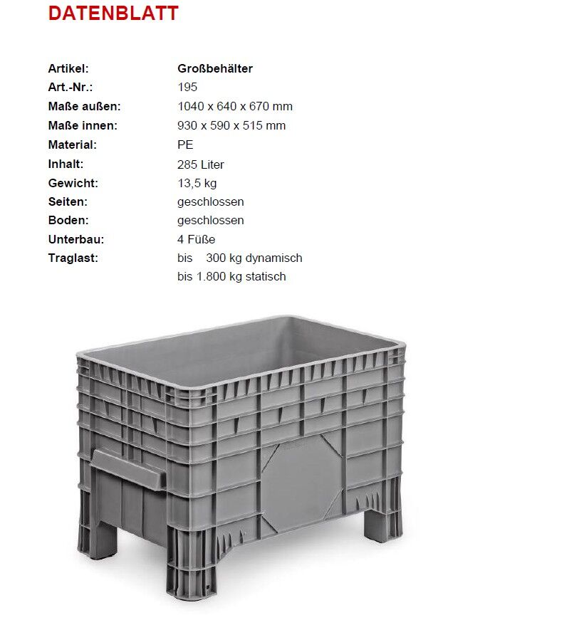 Kunststoff-Großbehälter 285 Liter
