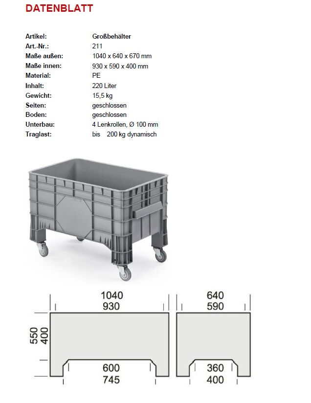 Kunststoff-Großbehälter 220 Liter