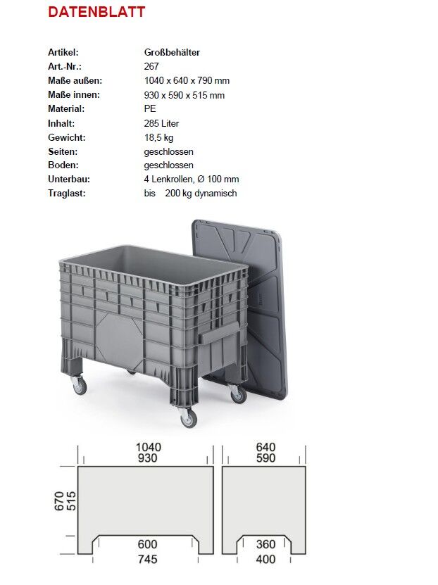 Kunststoff-Großbehälter 285 ltr. Inhalt