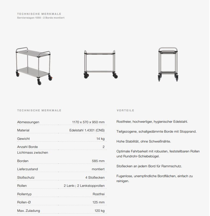 Edelstahl-Servierwagen mit 2 Borden 1000x500 mm