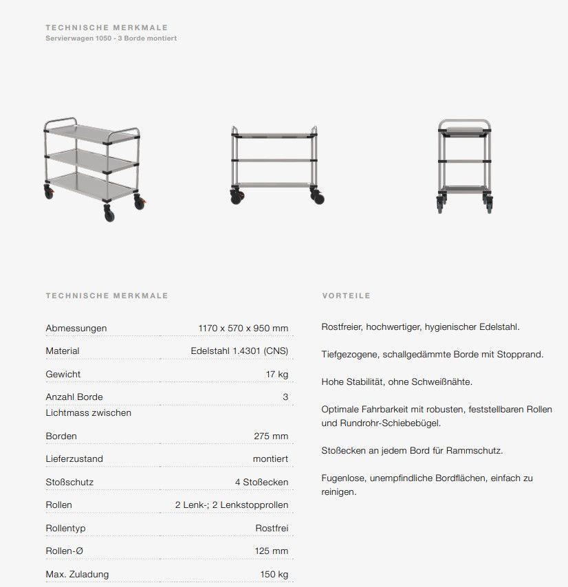 Edelstahl-Servierwagen mit 3 Borden 1000x500 mm 