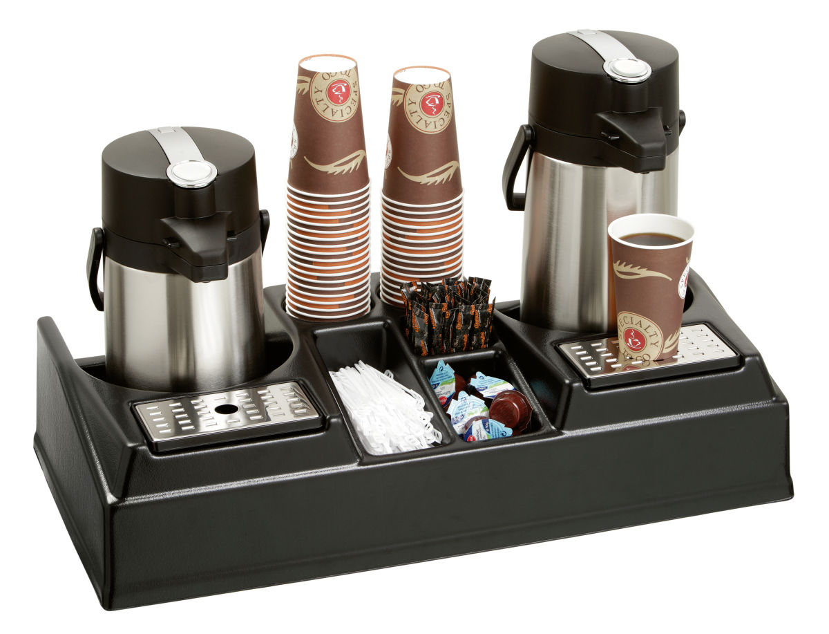 Doppelte Kaffeestation für 2 Pumpkannen, Becher, Löffel, Zucker Doppelte Kaffeestation für 2 Pumpkannen, Becher, Löffel, Zucker
