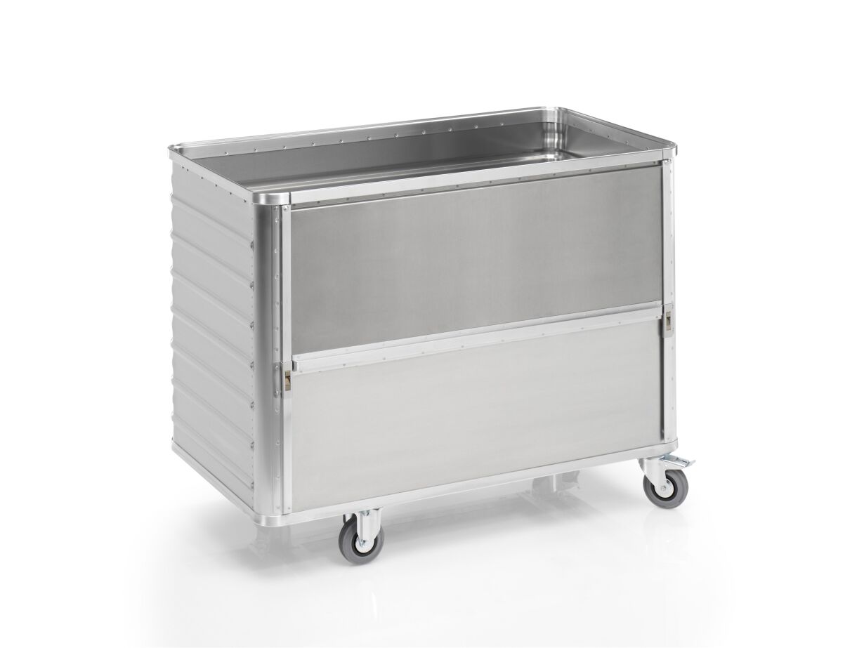 Aluminium-Transportwagen Inhalt 650 Liter mit absenkbarer Seitenwand Aluminium-Transportwagen Inhalt 650 Liter mit absenkbarer Seitenwand