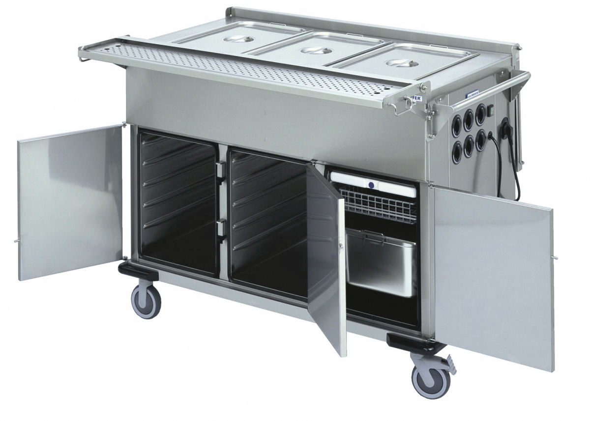 Thermo-Speisentransportwagen mit 3 Becken und mit Klappdeckel Thermo-Speisentransportwagen mit 3 Becken und mit Klappdeckel