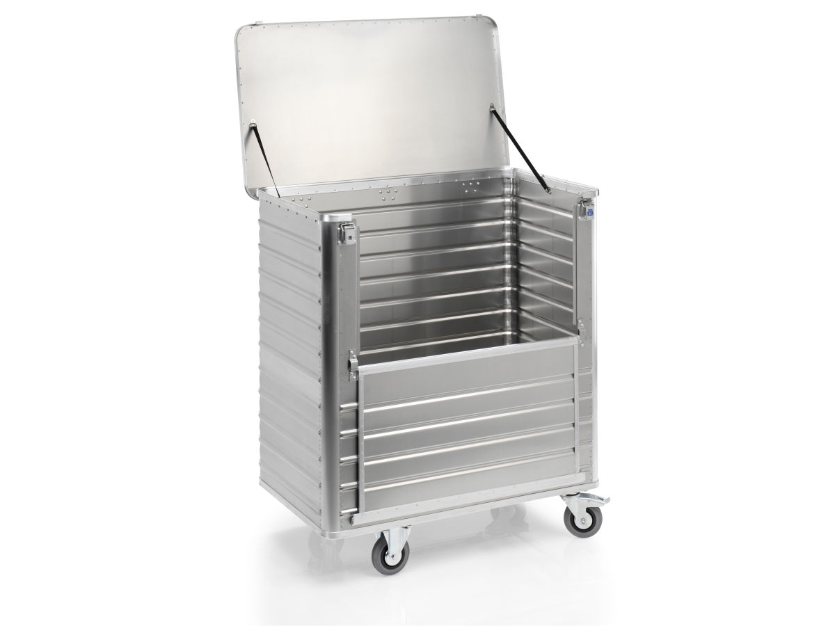 Aluminium-Transportwagen Inhalt 1050 Liter mit abklappbarer Seitenwand Aluminium-Transportwagen Inhalt 1050 Liter mit abklappbarer Seitenwand