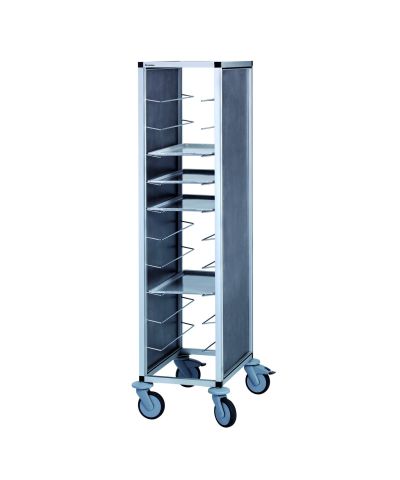 Leichtmetall-Tablettwagen für 11 Universal-Tabletts, ohne Türe Leichtmetall-Tablettwagen für 11 Universal-Tabletts, ohne Türe