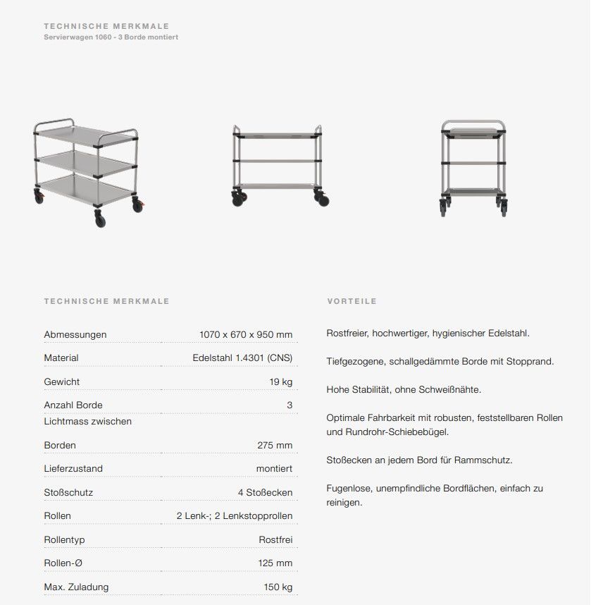 Edelstahl-Servierwagen mit 3 Borden 1000x600 mm